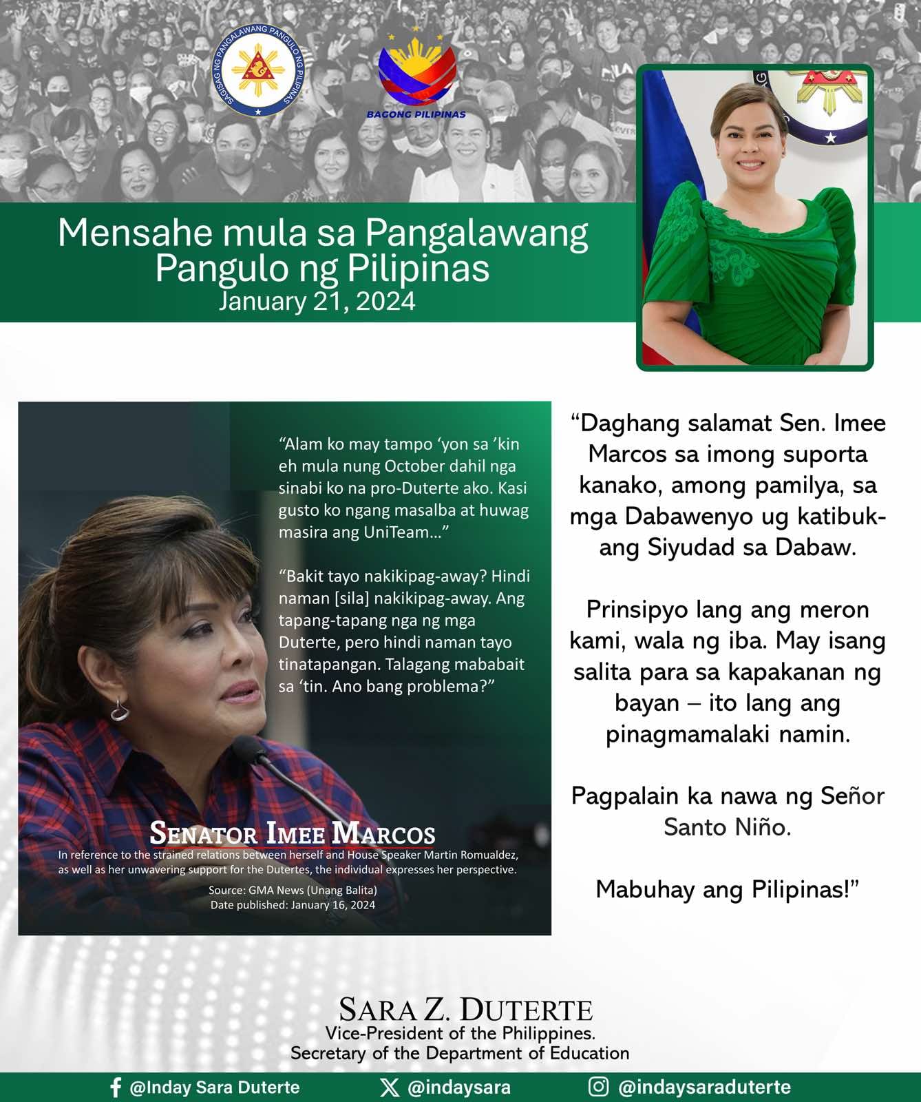 Pinasalamatan Ni Presidente Sara Duterte Si Sen Imee Marcos Pinoy   421088080 1303418767168998 2615238905920238306 N 